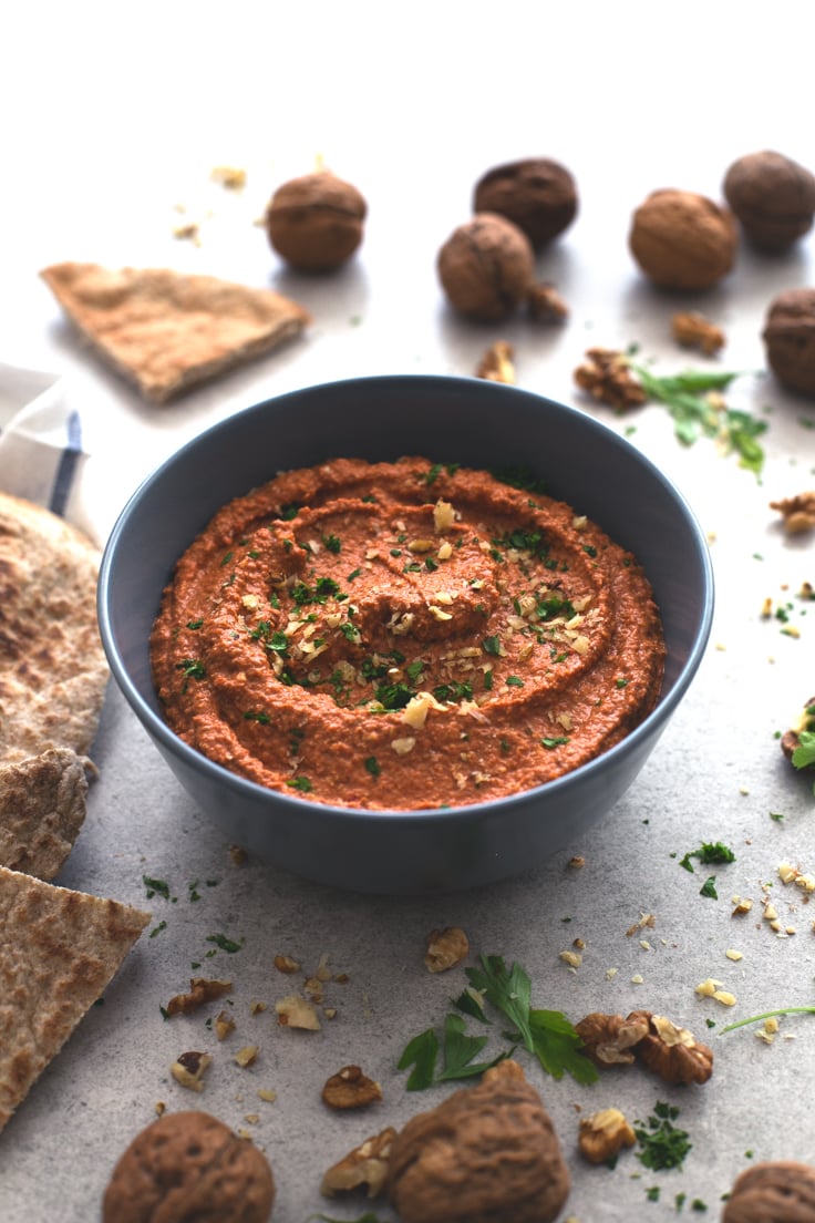 Muhammara (red pepper and walnut dip) - Muhammara is a spicy Syrian red pepper and walnut dip. It's so tasty and is ready in less than 5 minutes, you just need to blend all the ingredients!
