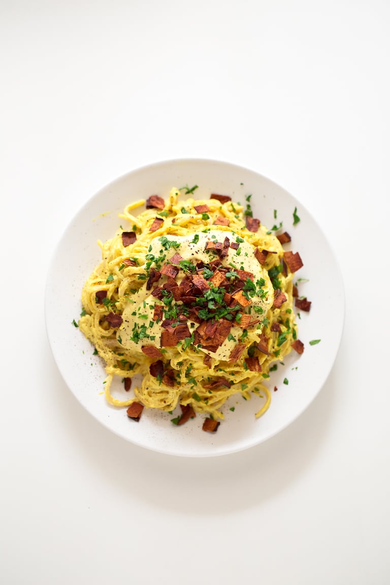 Vegan Pasta Carbonara. - You can enjoy a delicious and creamy vegan pasta carbonara in just 25 minutes. This is a gluten-free version, which is also healthier and lower in fat.