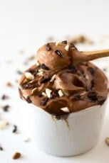 Photo of a bowl of 2-ingredient banana chocolate ice cream with a spoon in it