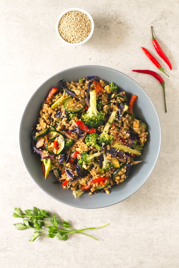 Brown Rice Stir-Fry with Vegetables - I make this brown rice stir-fry with vegetables every week. This recipe is life-changing and so simple. Add your favorite veggies or what's in season.