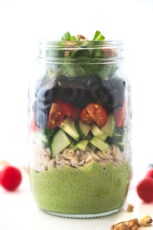 Vegan salad in a jar - This vegan salad in a jar is so convenient to eat on the go. Pour the dressing in the bottom of the jar to prevent some ingredients go soggy.