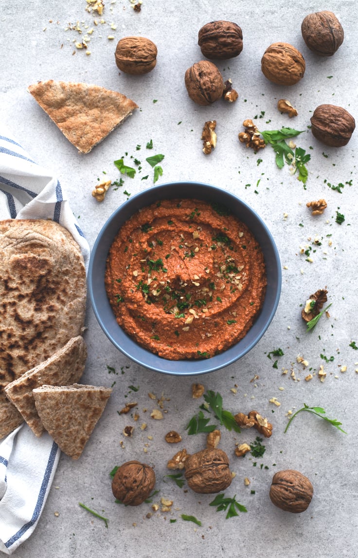 Muhammara (red pepper and walnut dip) - Muhammara is a spicy Syrian red pepper and walnut dip. It's so tasty and is ready in less than 5 minutes, you just need to blend all the ingredients!