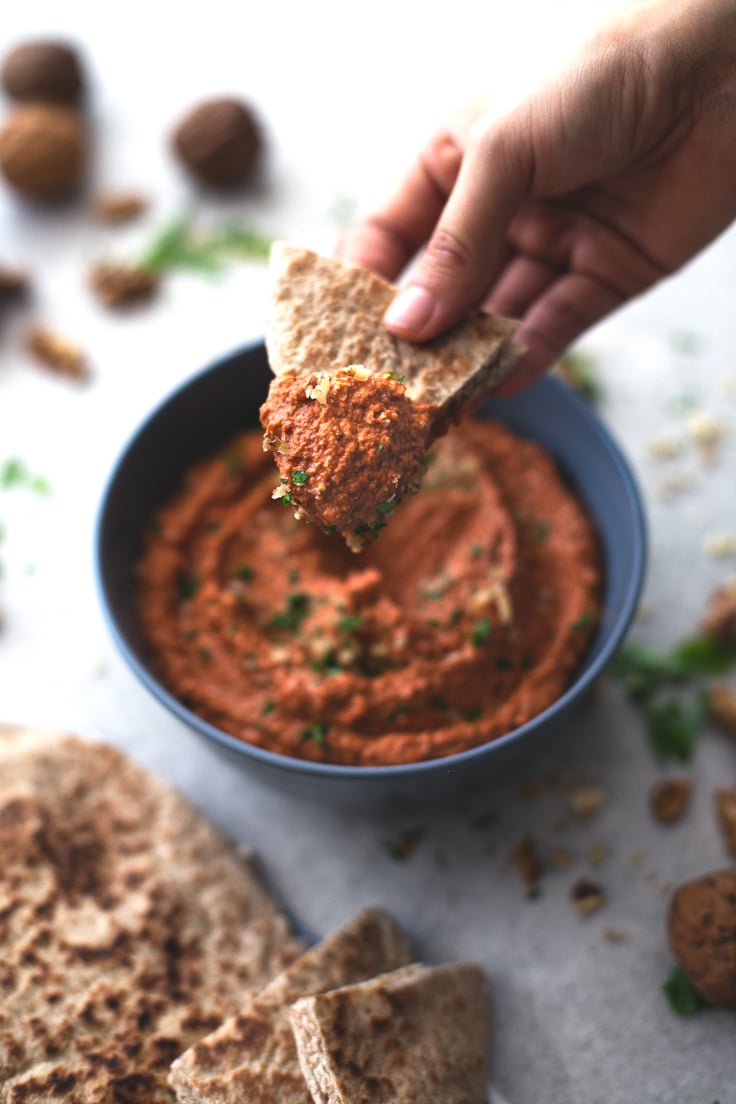 Muhammara (red pepper and walnut dip) - Muhammara is a spicy Syrian red pepper and walnut dip. It's so tasty and is ready in less than 5 minutes, you just need to blend all the ingredients!