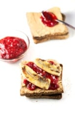 Peanut butter and rhubarb jelly sandwich - This is our version of the classic peanut butter jelly sandwich, but we used homemade rhubarb jelly and also added a cooked banana.