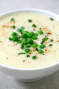 Close-up photo of a bowl of vegan cauliflower soup
