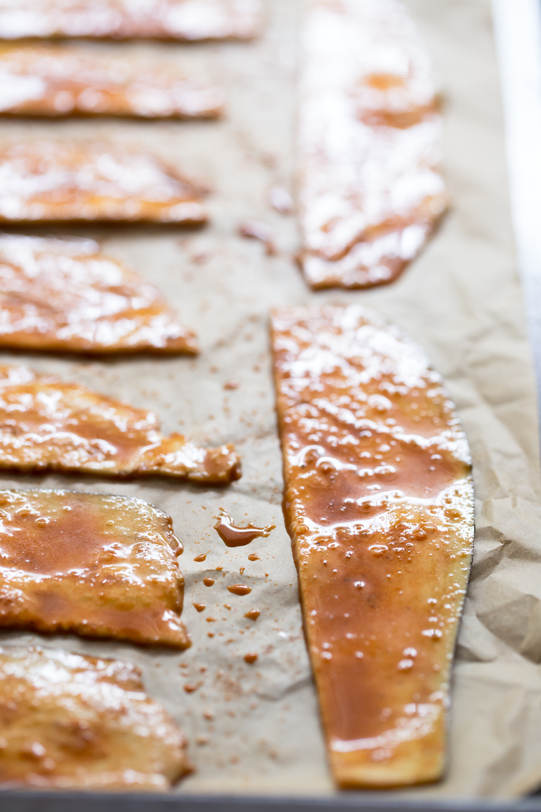 Eggplant Bacon. - Eggplant bacon is a healthier alternative to regular bacon and is also low in fat. You can bake or sauté it and is so tasty and crispy.