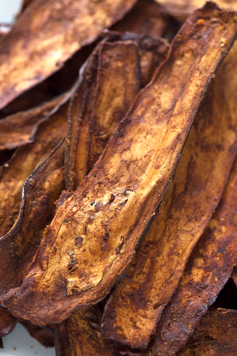 Eggplant Bacon. - Eggplant bacon is a healthier alternative to regular bacon and is also low in fat. You can bake or sauté it and is so tasty and crispy.