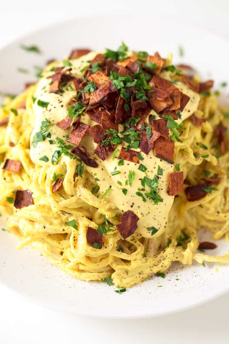 Vegan Pasta Carbonara. - You can enjoy a delicious and creamy vegan pasta carbonara in just 25 minutes. This is a gluten-free version, which is also healthier and lower in fat.