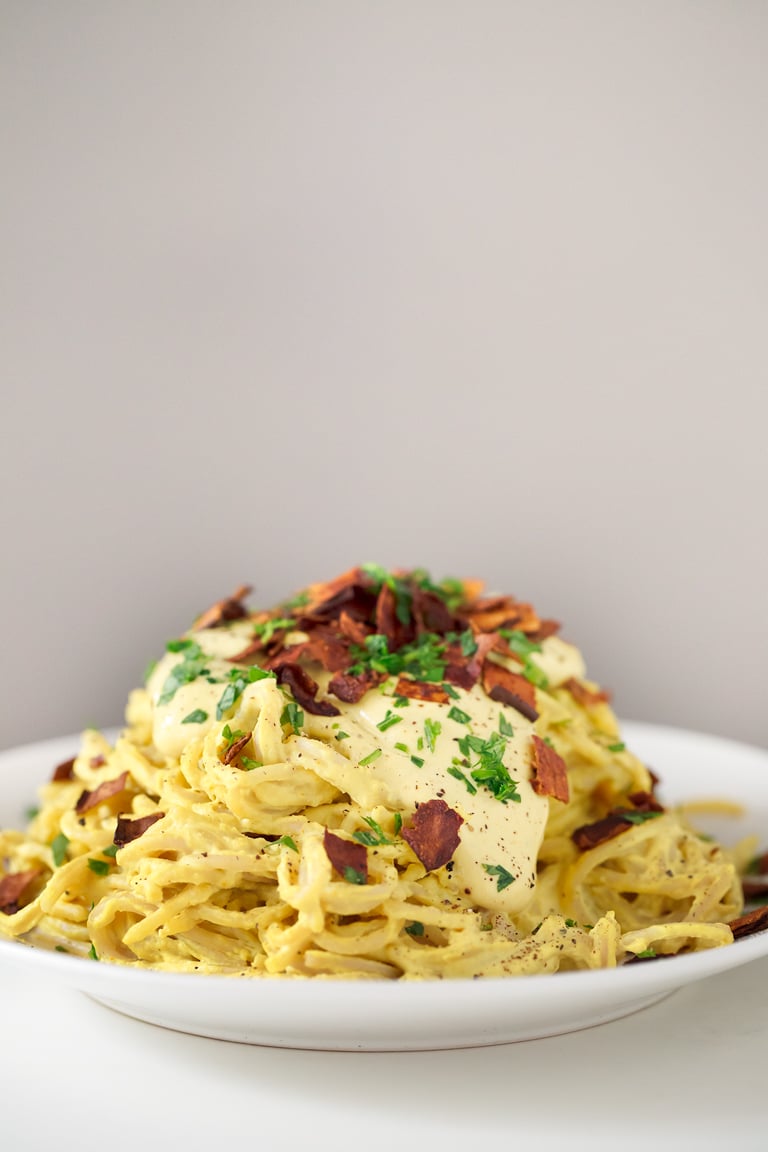 Vegan Pasta Carbonara. - You can enjoy a delicious and creamy vegan pasta carbonara in just 25 minutes. This is a gluten-free version, which is also healthier and lower in fat.