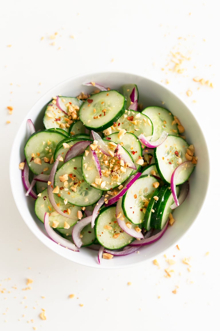 Thai Cucumber Salad - Thai cucumber salad, made in less than 10 minutes, using simple ingredients. It's so tasty, healthy, refreshing and the perfect side dish. #vegan #glutenfree #simpleveganblo