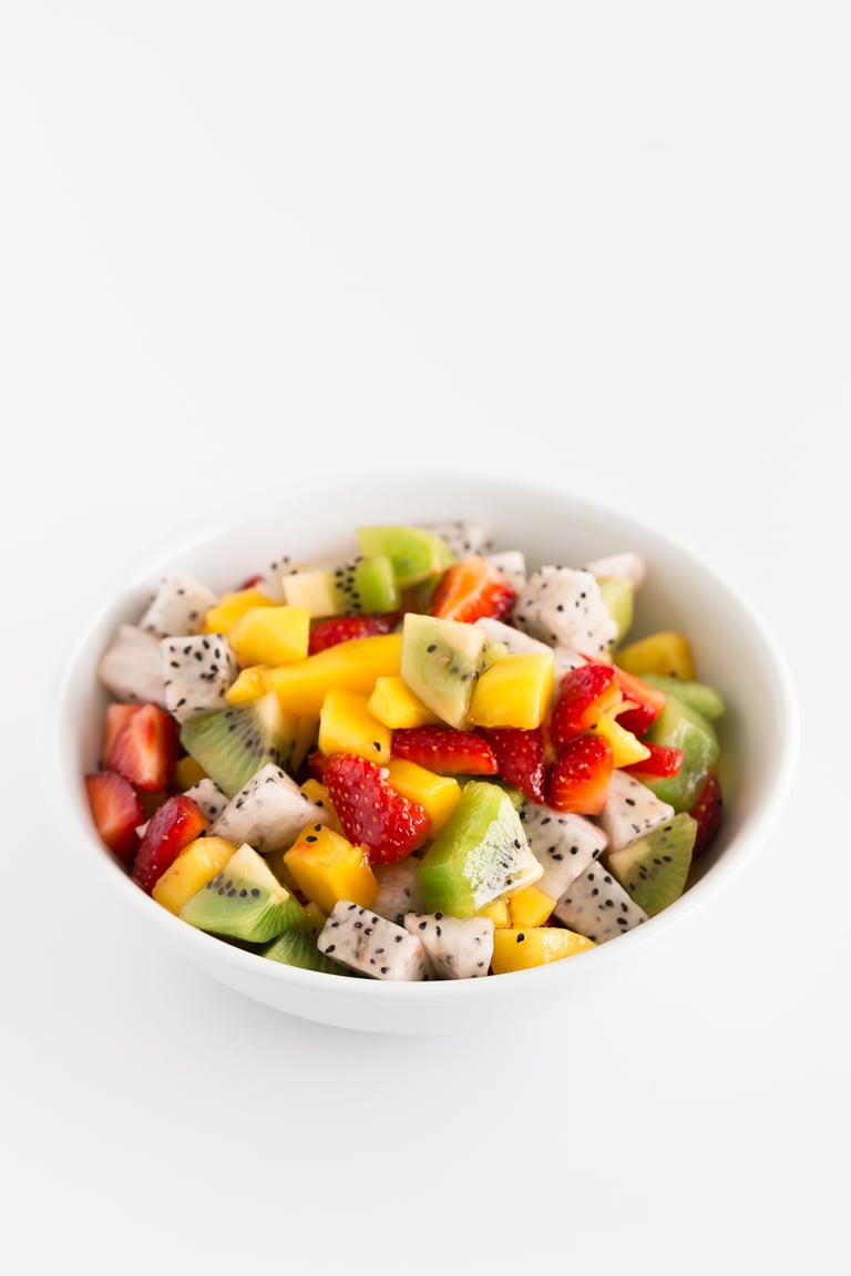 Tropical Fruit Salad. - This tropical fruit salad is a delicious, simple and healthy recipe, made with fresh fruit, lime or lemon juice and maple or agave syrup. #vegan #glutenfree #simpleveganblog