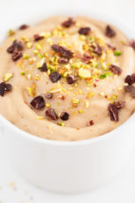Close-up shot of a bowl of vegan soft serve ice cream