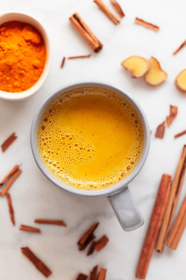 Picture of a cup of golden milk from above