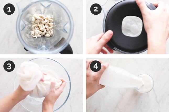 Step by step photos of how to make cashew milk