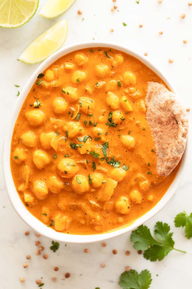 Photo of a bowl of homemade chickpea curry taken from the above