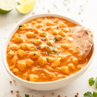 Square photo of a bowl of homemade chickpea curry