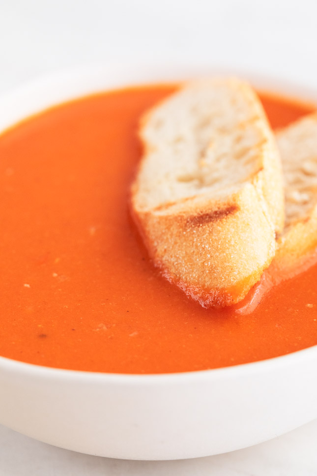 Close-up photo of a bowl of vegan tomato soup