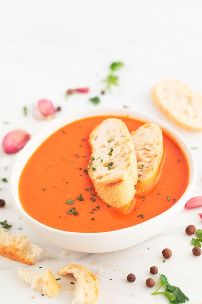 Photo of a bowl of vegan tomato soup