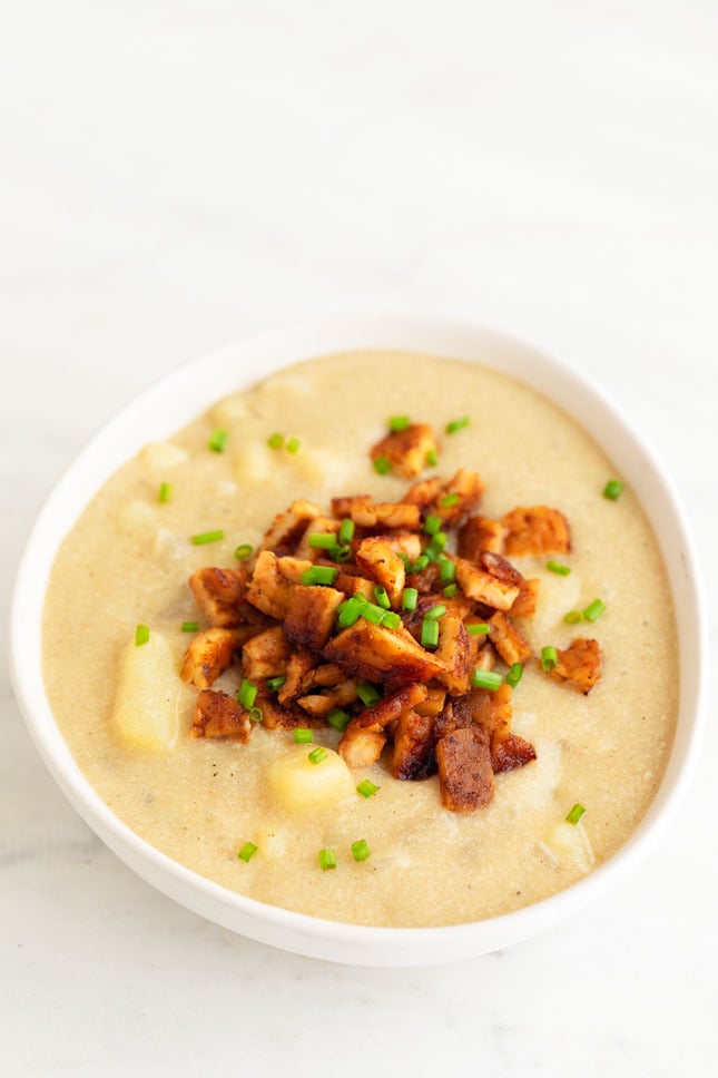 Photo of a bowl of vegan potato soup
