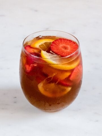 A picture of a glass with homemade white sangria