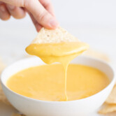Photo of a hand dipping a tortilla chip into a bowl of vegan cheese