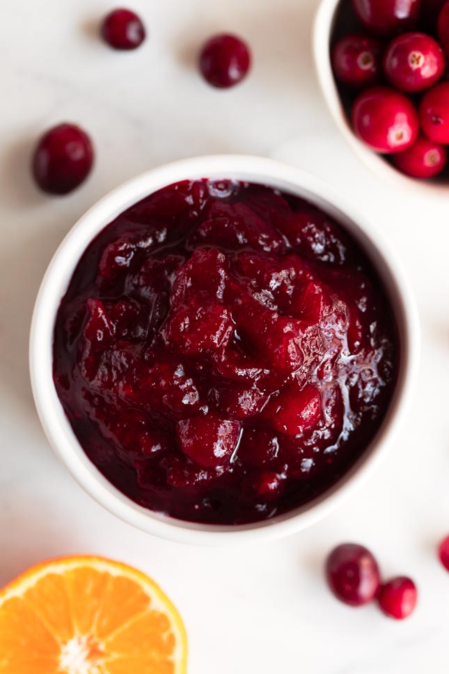Photo of a bowl of cranberry sauce taken from the above