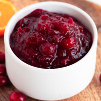 Square photo of a bowl of cranberry sauce