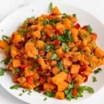 Square photo of a plate of sweet potato hash