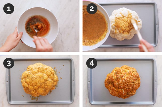 Step by step photos of how to make whole roasted cauliflower from scratch