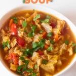 Photo of a bowl of cabbage soup with the words cabbage soup