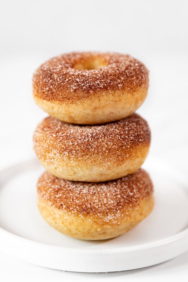 Side shot of a pile of vegan donuts
