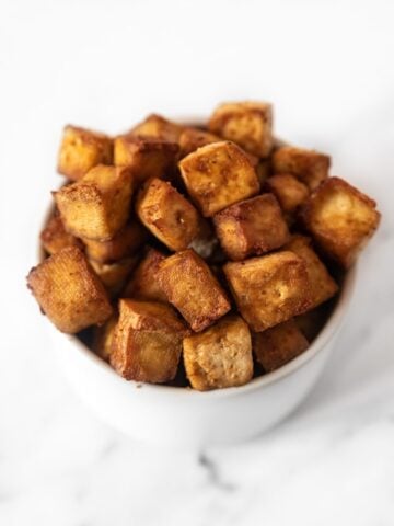 Photo of a bowl of homemade air fryer tofu