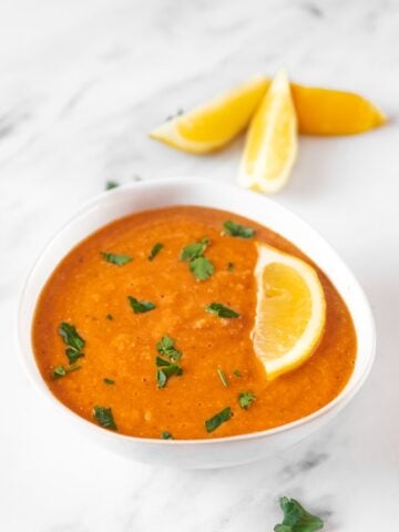 Photo of a bowl of homemade red lentil soup