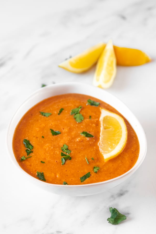 Photo of a bowl of red  lentil soup