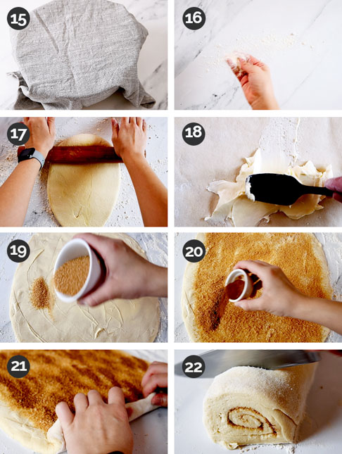 Photos of more steps of how to make vegan cinnamon rolls