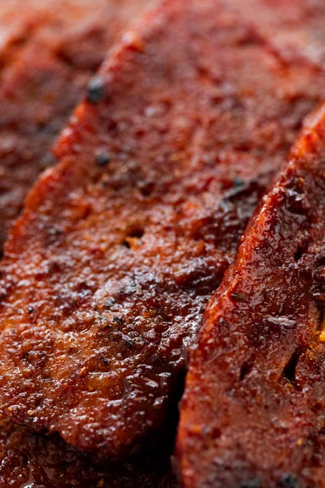 A close shot of some homemade vegan bacon slices