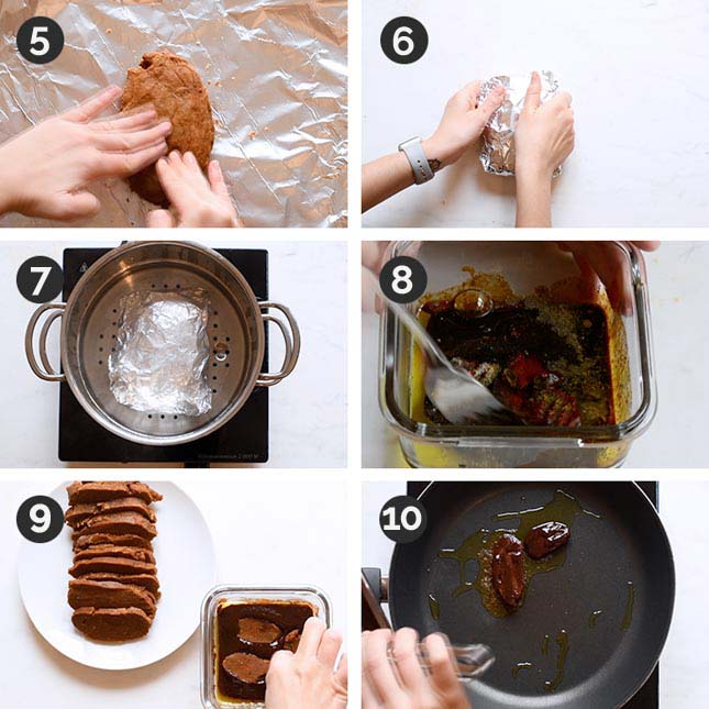 Step by step photos of how to make vegan bacon at home