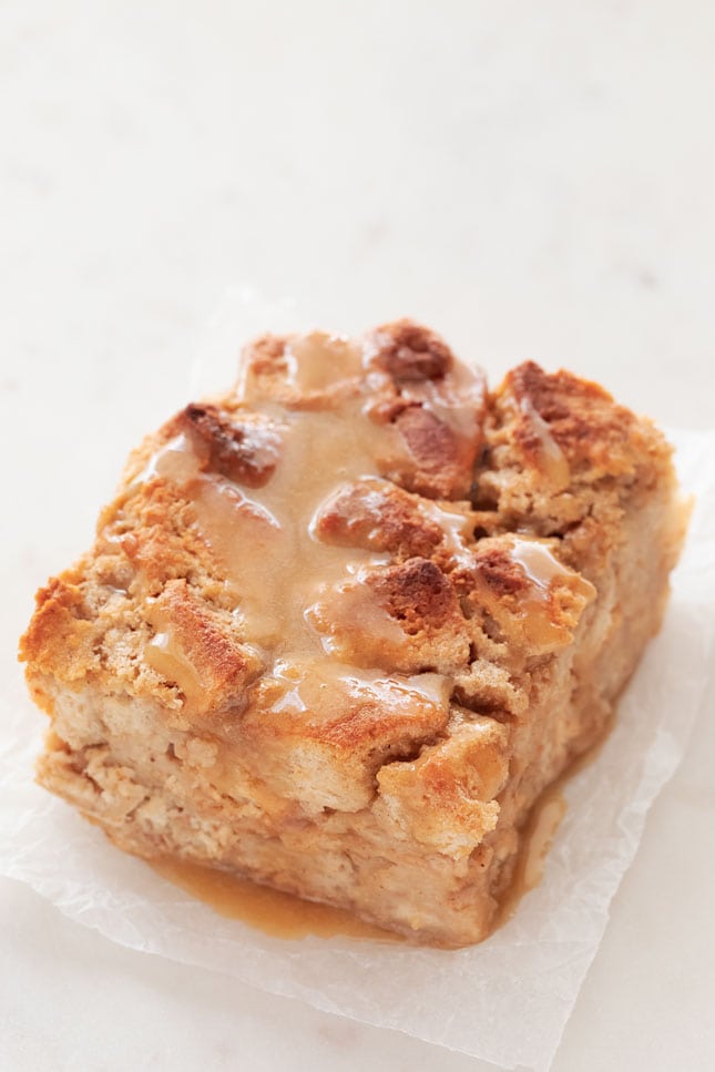 Photo of a slice of vegan bread pudding