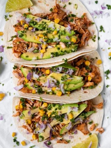 Photo of 3 jackfruit tacos taken from the above
