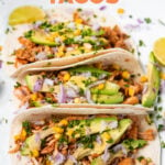 Photo of 3 jackfruit tacos with the words jackfruit tacos