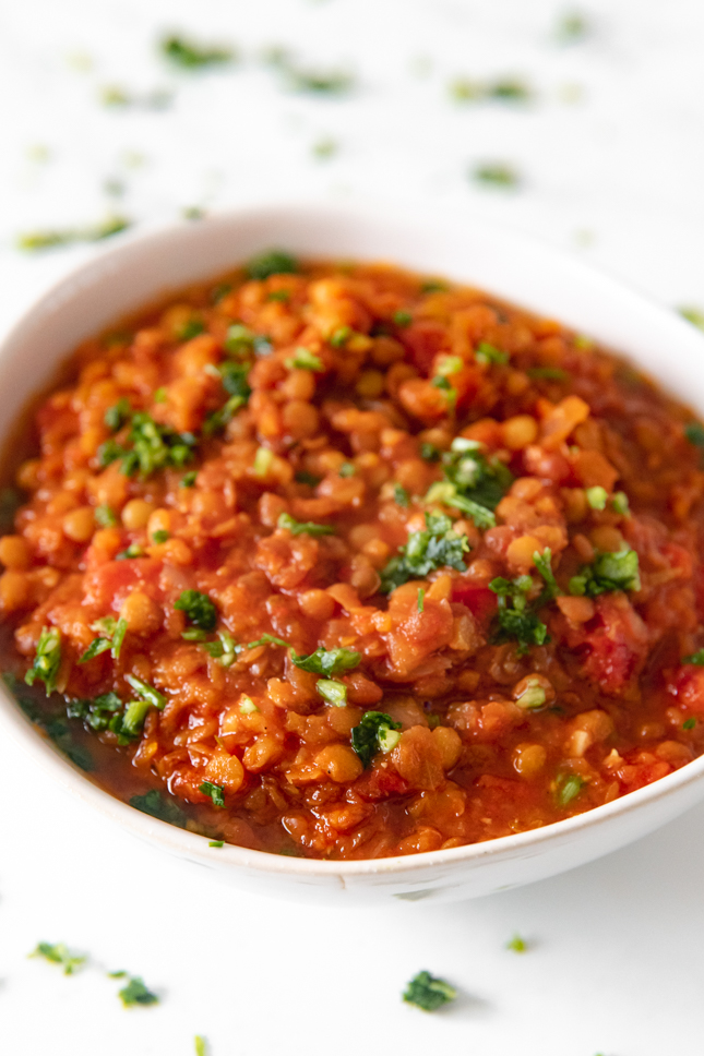 Close-up photo of a bowl of lentil soup