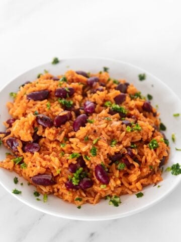 Photo of a plate of homemade Spanish rice and beans
