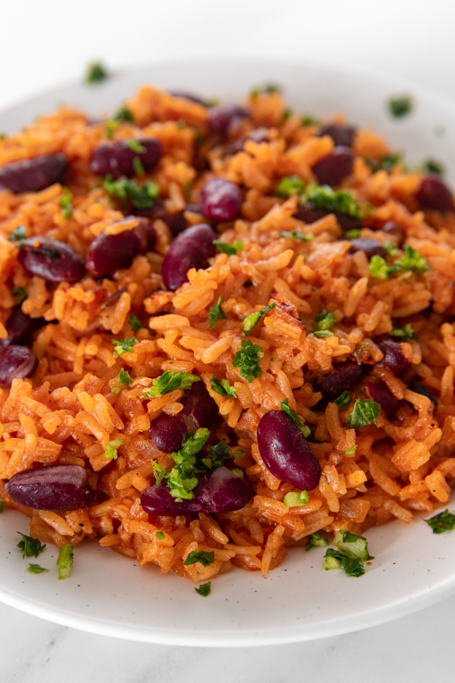 Close-up shot of a plate of Spanish rice and beans