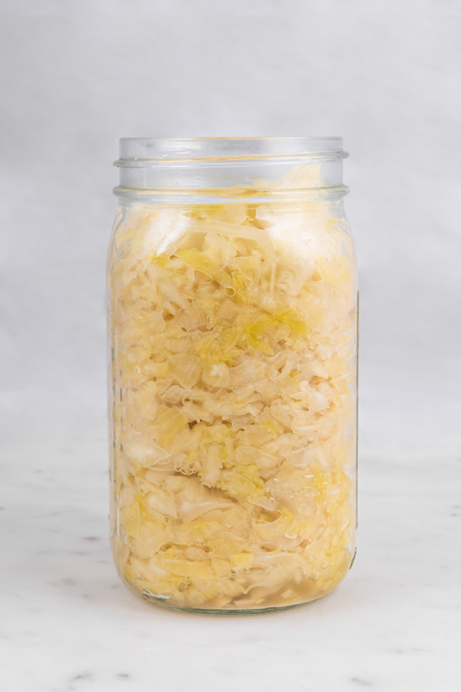 Side shot of a jar of sauerkraut