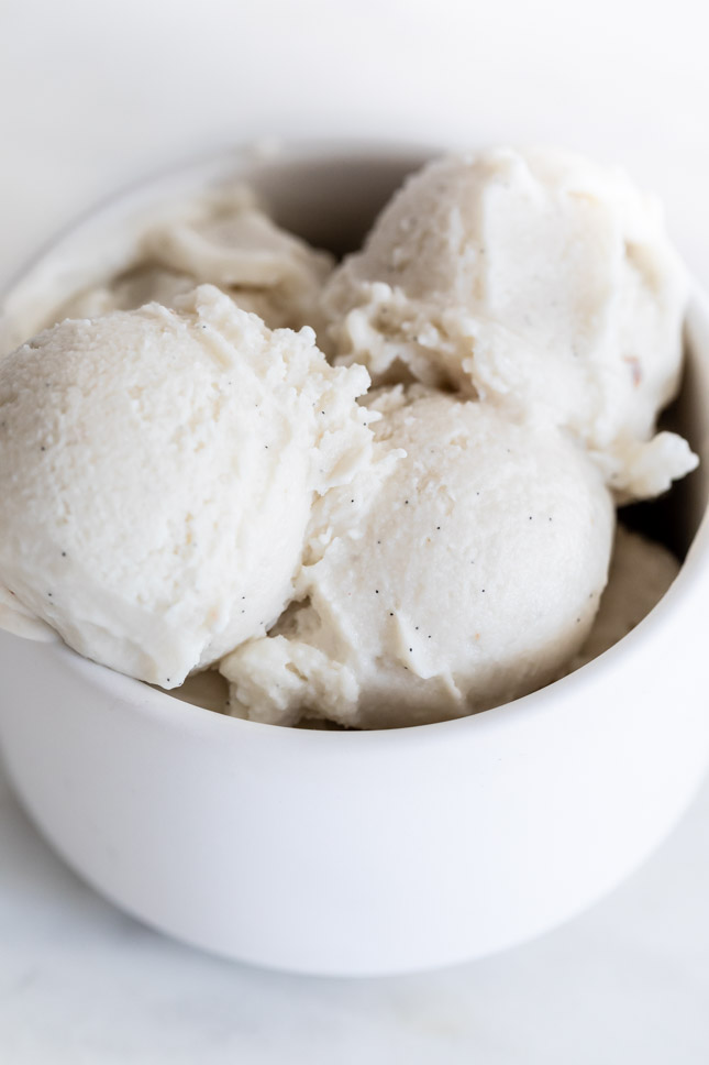 Close-up shot of a bowl of vegan ice cream with 3 servings