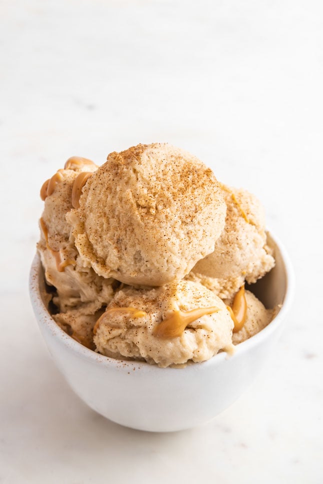 Photo of a bowl with 2 scoops of banana ice cream