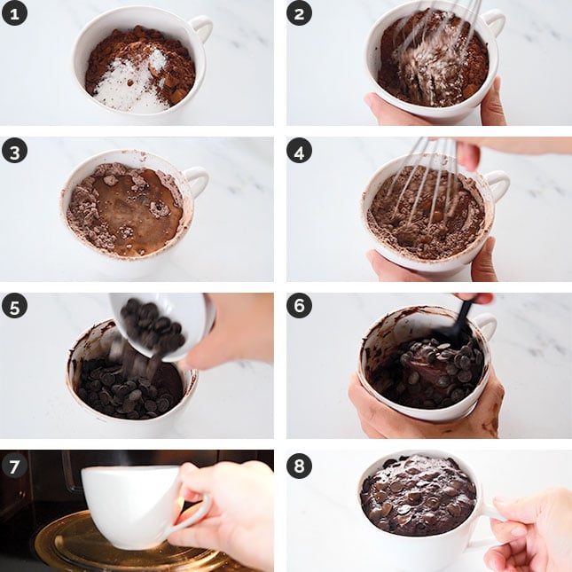 Step-by-step photos of how to make a vegan mug cake