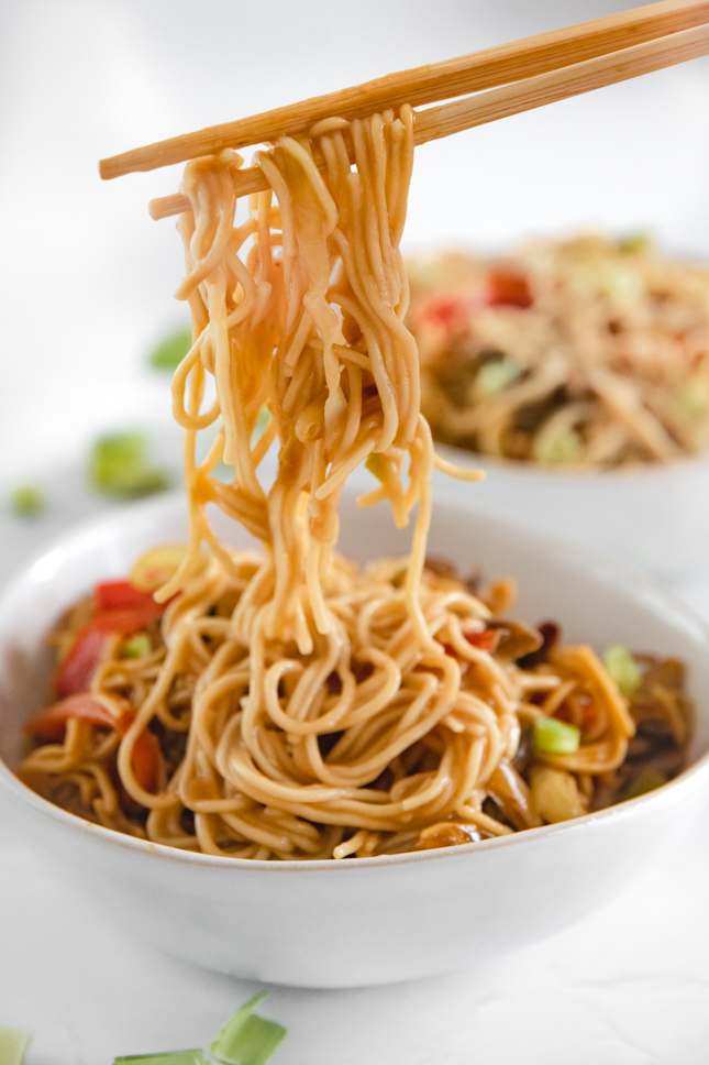 Close-up photo of two chopsticks with a bowl of vegetable chow mein