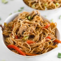 Square photo of a bowl of vegetable chow mein