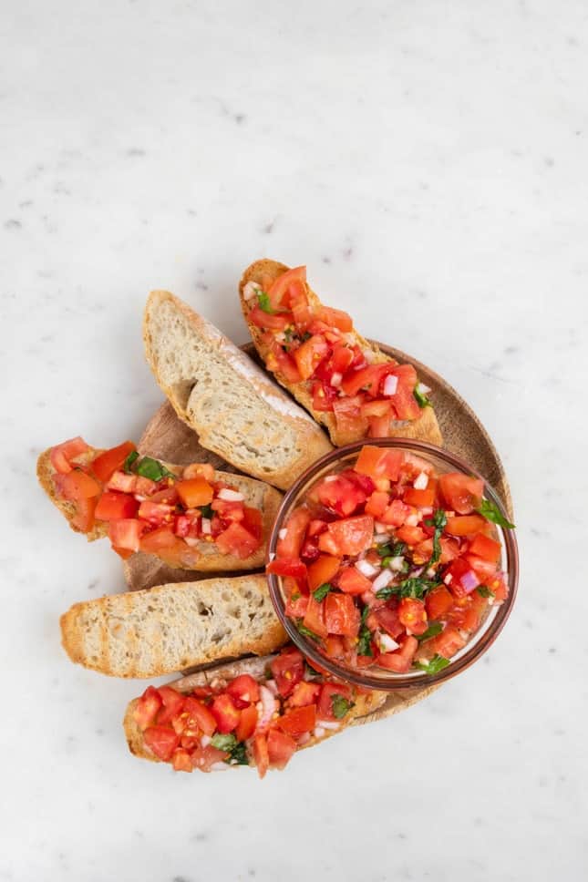 Photo of a plate of bruschetta taken from the above